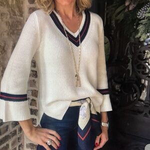 CAbi Ace Pullover V-Neck Sweater in White with Navy and Red Stripes - XS #5639